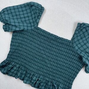 J Crew XL Green Plaid Flannel Smocked Peplum Top Puff Sleeves Women's
